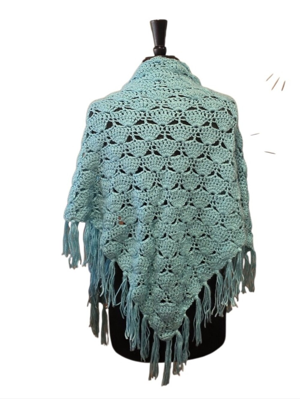 Handmade Crochet Fringe Shawl Wrap in Aqua Festival Daisy Jones Aesthetic